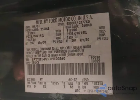 2001 Ford Ranger Edge/Xl/Xlt из США, поврежденный, VIN 1FTYR14V51PB20860